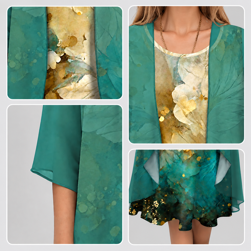Women's Printed Midi Dress and Jacket Two-Piece Set with Three-Quarter Sleeves — view 8