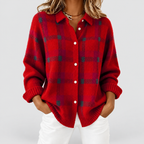 Women's Checked Knit Button-Up Jumper in Red — view 2