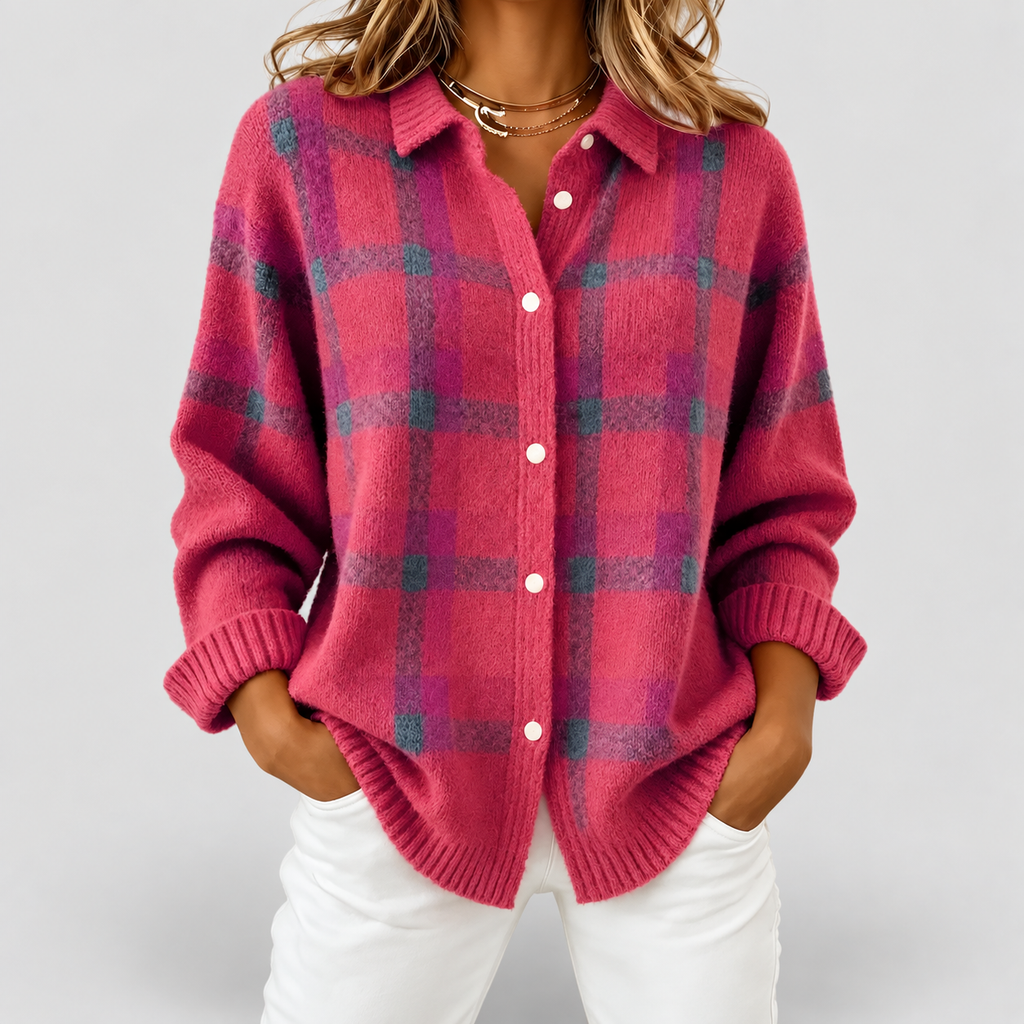 Women's Checked Knit Button-Up Jumper in Pink — view 3