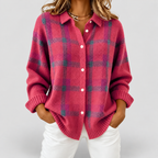 Women's Checked Knit Button-Up Jumper in Pink — view 3