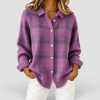 Women's Checked Knit Button-Up Jumper in Purple — view 4