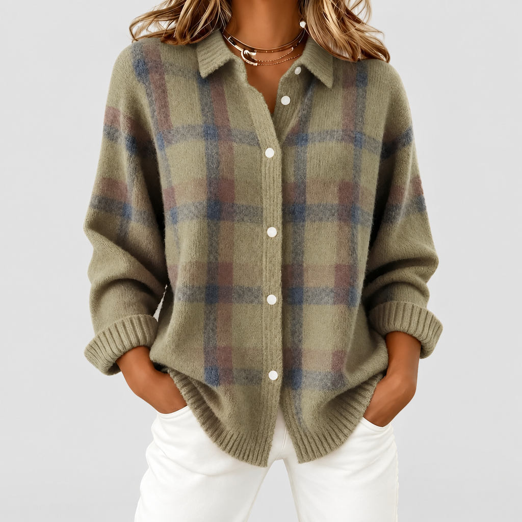 Women's Checked Knit Button-Up Jumper in Brown — view 5