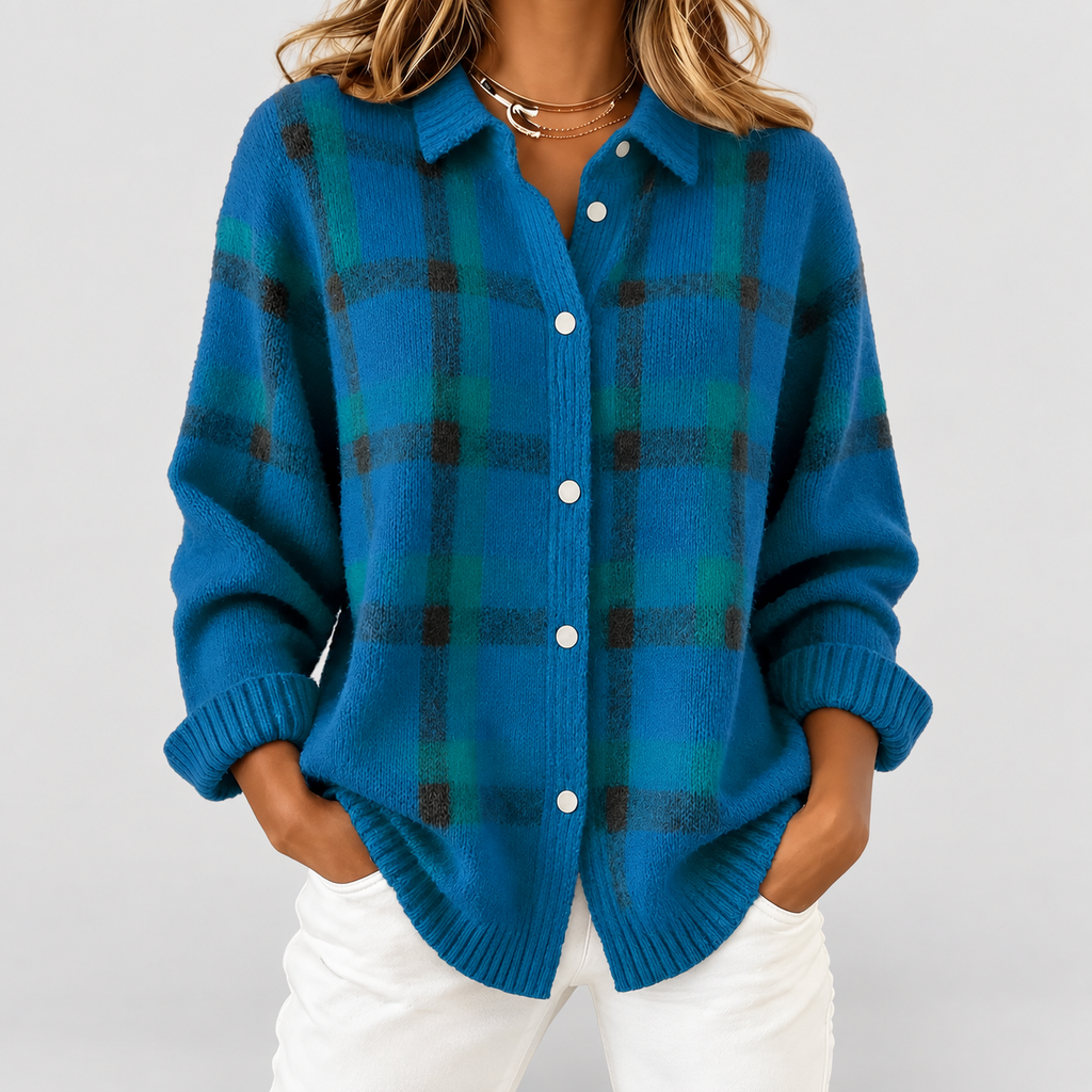 Women's Checked Knit Button-Up Jumper in Blue — view 6