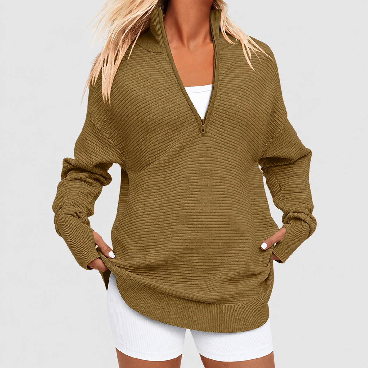Women's Draped Oversized Half-Zip Jumper in Brown — view 7