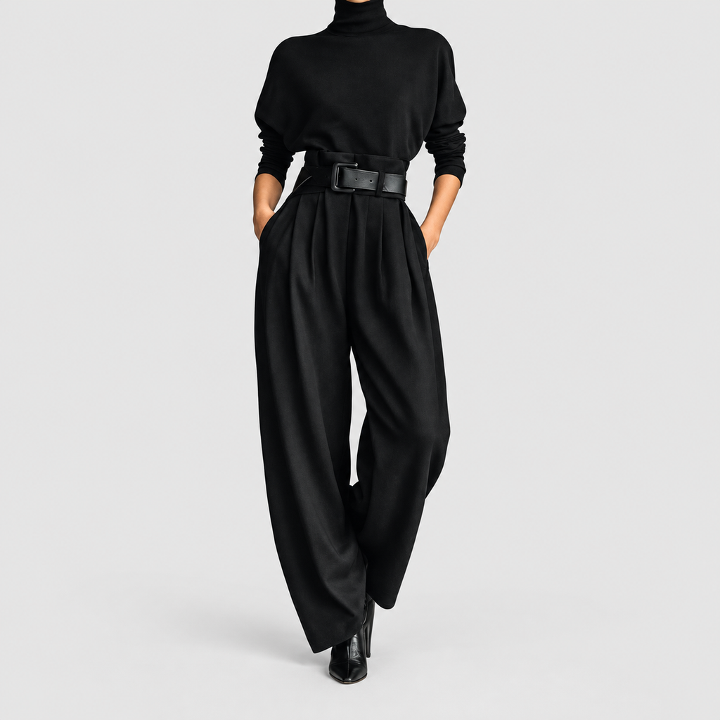 Women's High-Neck Wide-Leg Jumpsuit with Belted Waist in Black — view 1