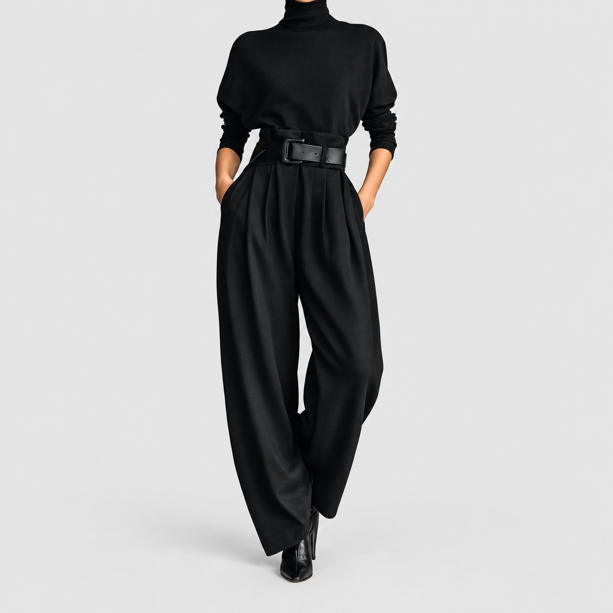 Women's High-Neck Wide-Leg Jumpsuit with Belted Waist in Black — view 1