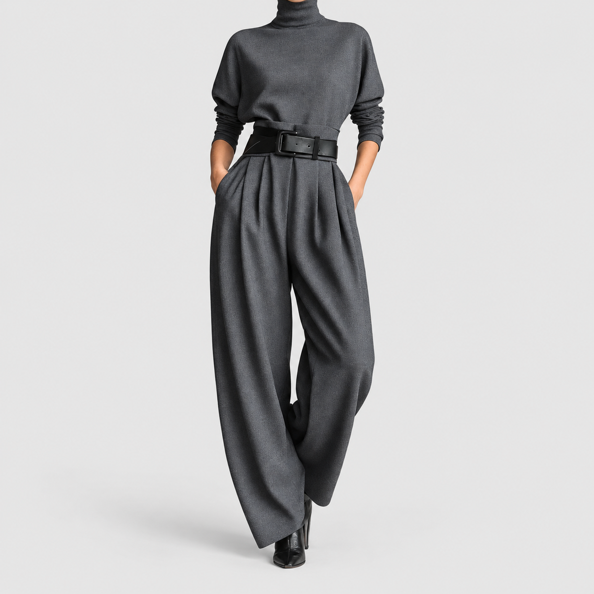 Women's High-Neck Wide-Leg Jumpsuit with Belted Waist in Grey — view 6