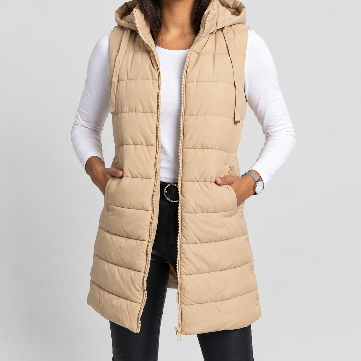 Women's Longline Hooded Puffer Gilet in Beige — view 1