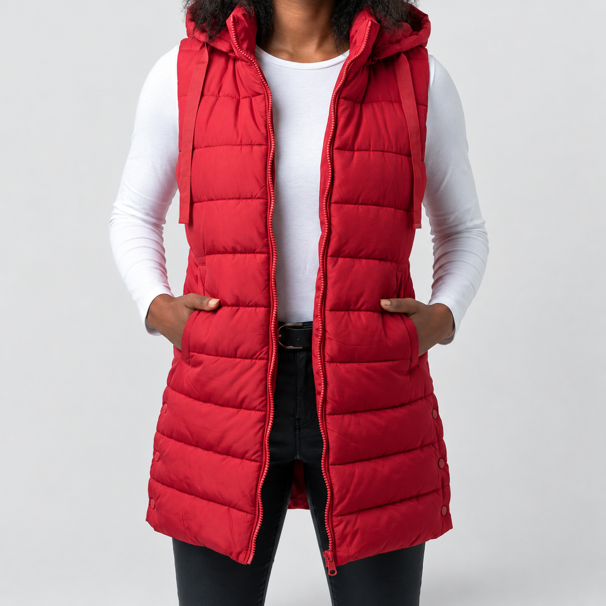 Women's Longline Hooded Puffer Gilet in Red — view 2