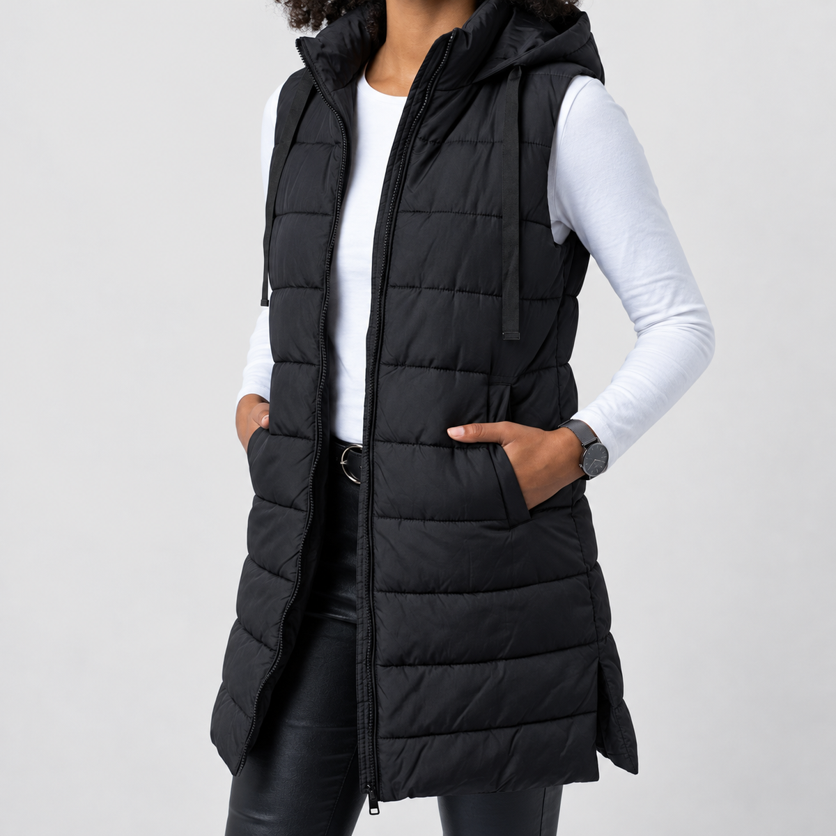 Women's Longline Hooded Puffer Gilet in Black — view 3