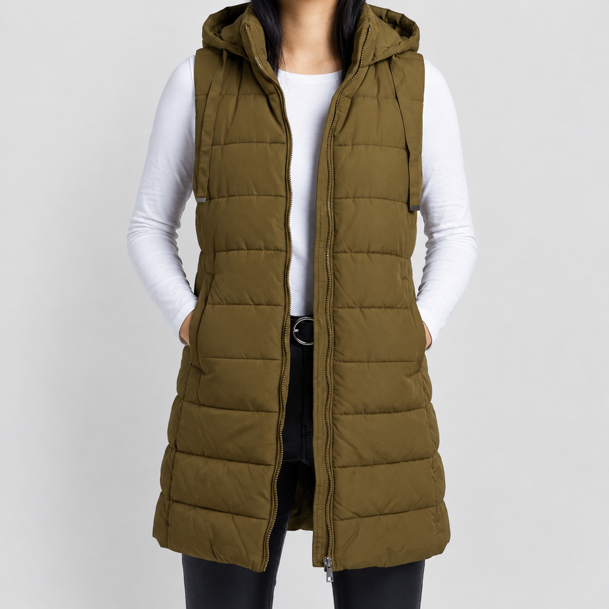 Women's Longline Hooded Puffer Gilet in Dark Camel — view 4