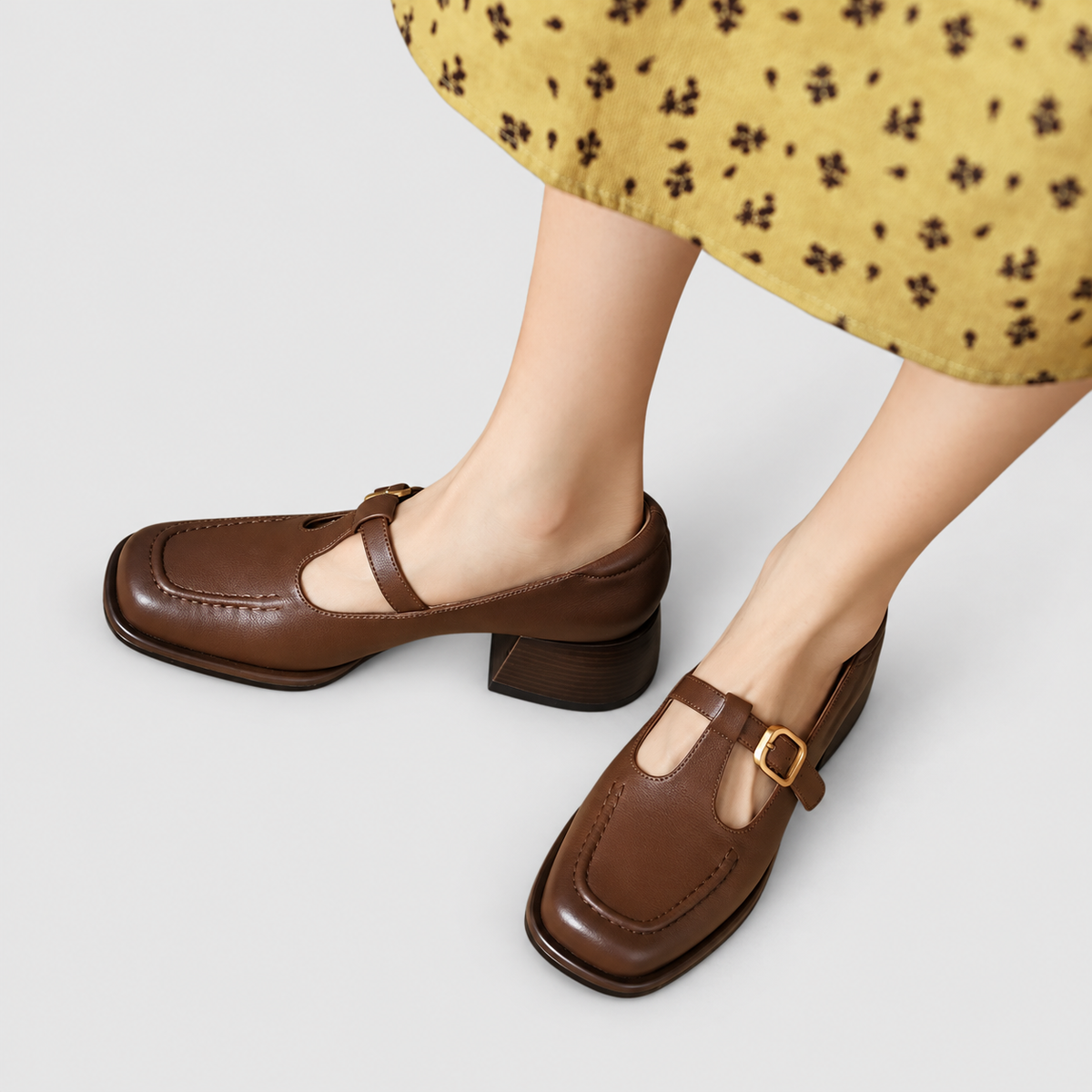 Women's T-Strap Shoes with Mid Block Heel in Brown — view 2
