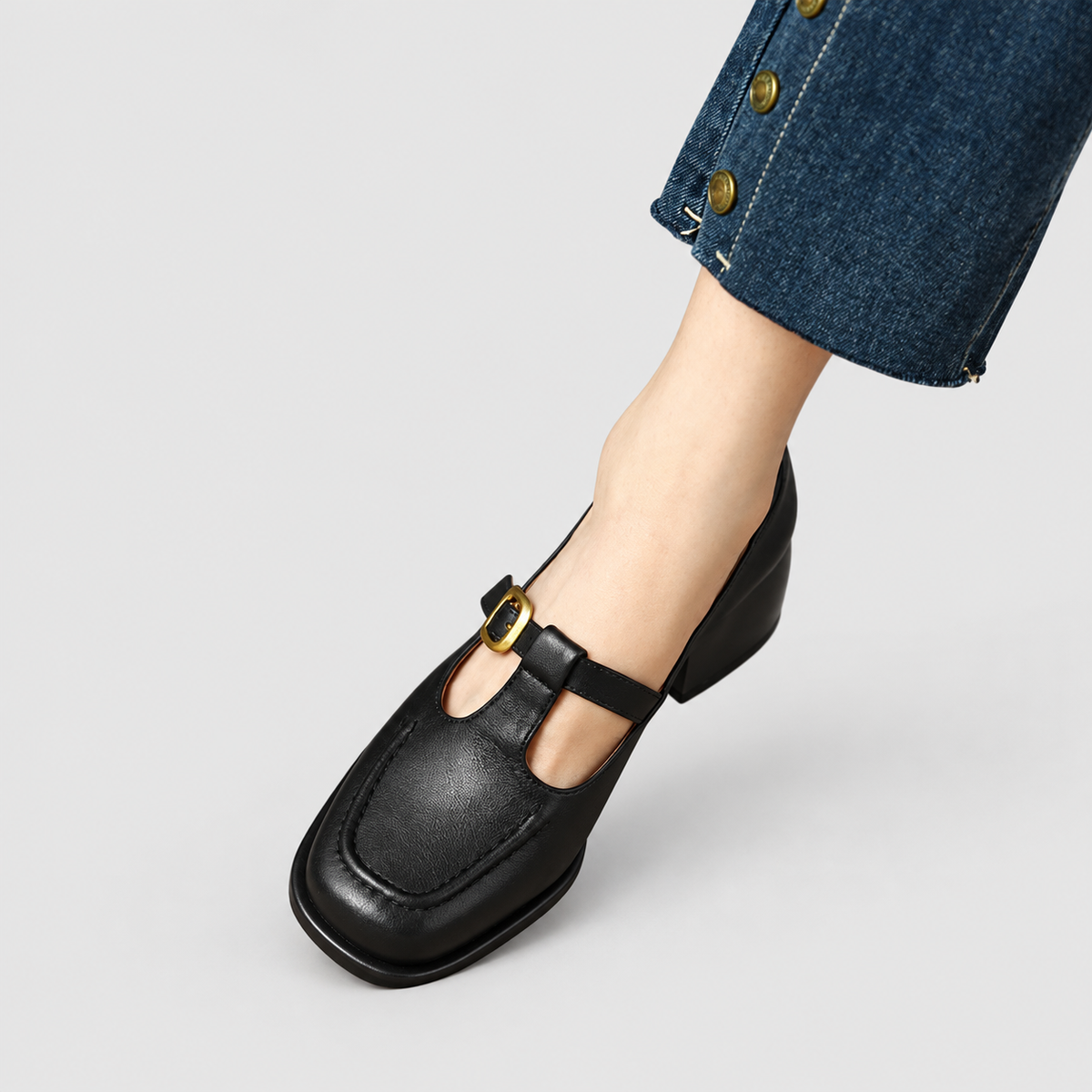 Women's T-Strap Shoes with Mid Block Heel in Black — view 7