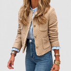 Women's Tweed-Effect Jacket with Gold-Tone Buttons in Beige — view 1