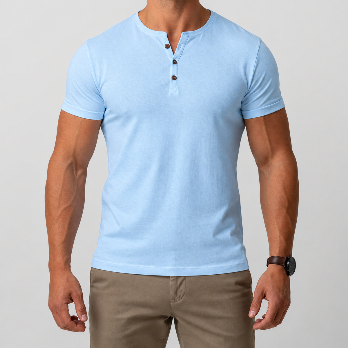 Men's Short-Sleeve Henley T-Shirt with Button Placket in Blue — view 2