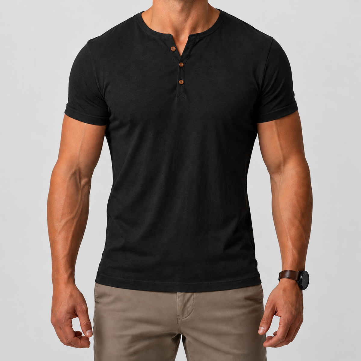 Men's Short-Sleeve Henley T-Shirt with Button Placket in Black — view 3