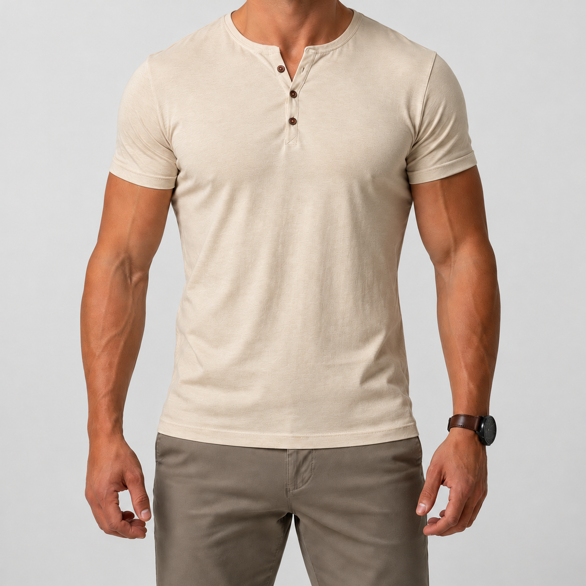 Men's Short-Sleeve Henley T-Shirt with Button Placket in Khaki — view 5