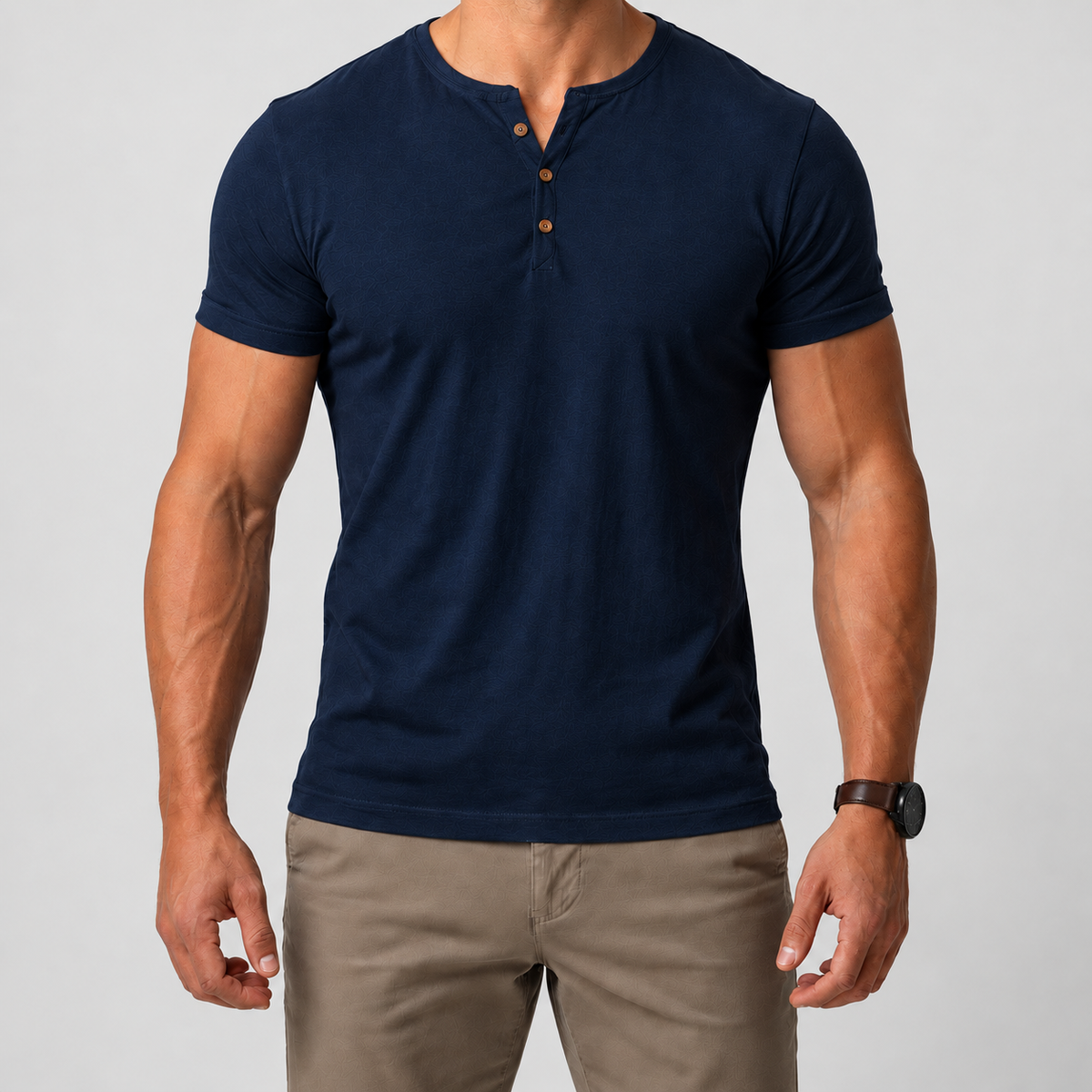 Men's Short-Sleeve Henley T-Shirt with Button Placket in Marine Blue — view 6