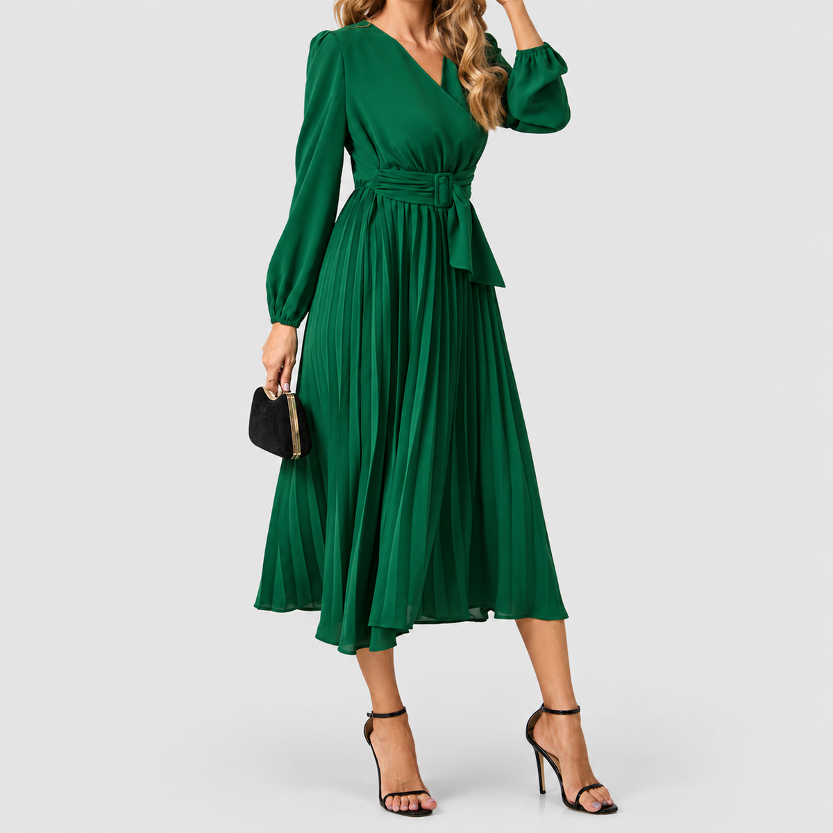 Women's Long-Sleeve Midi Dress with Wrap Neckline and Tie Waist in Green — view 1