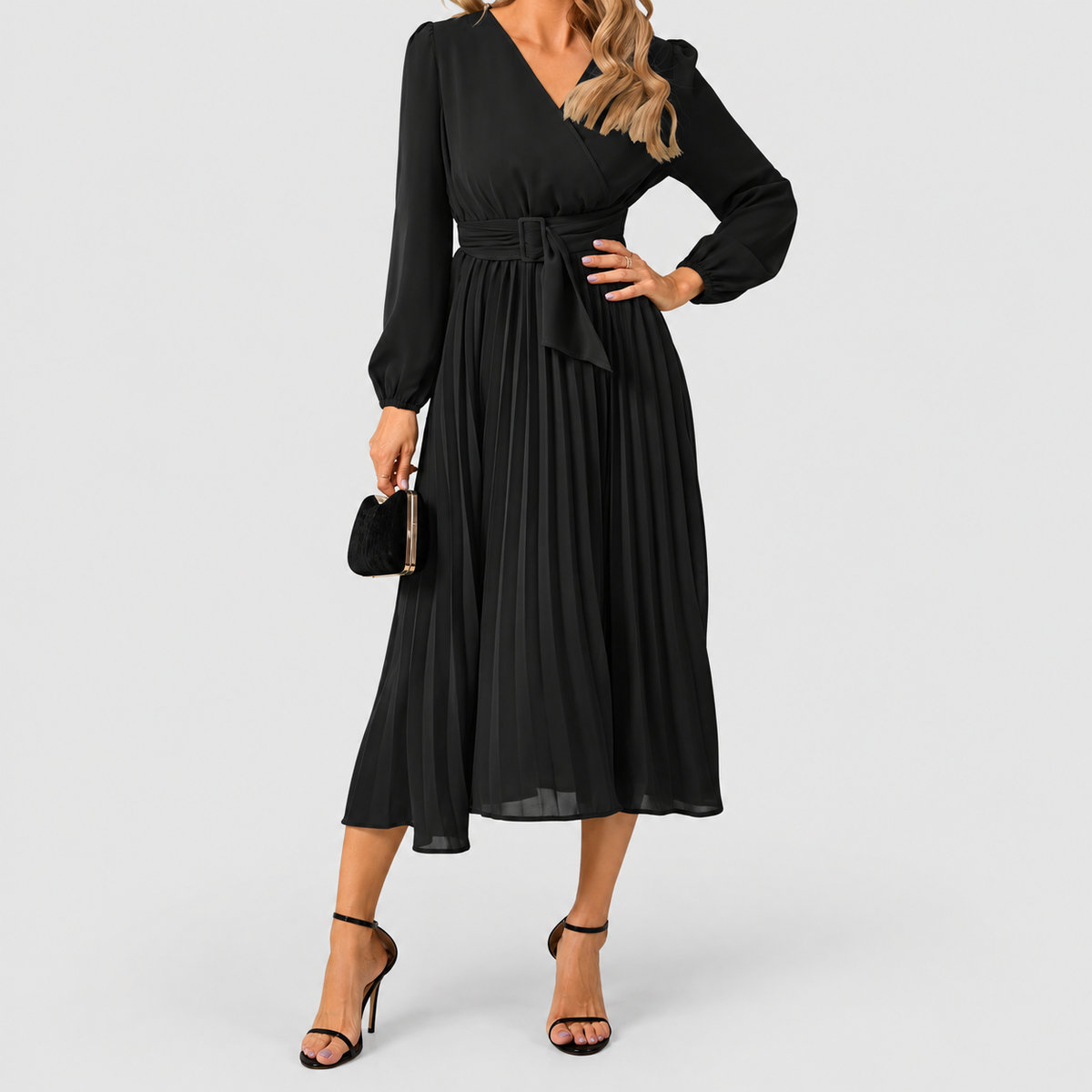 Women's Long-Sleeve Midi Dress with Wrap Neckline and Tie Waist in Black — view 2