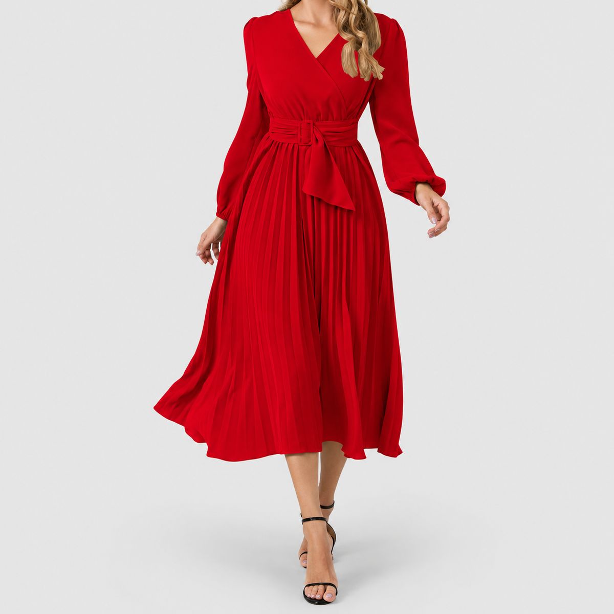 Women's Long-Sleeve Midi Dress with Wrap Neckline and Tie Waist in Red — view 3