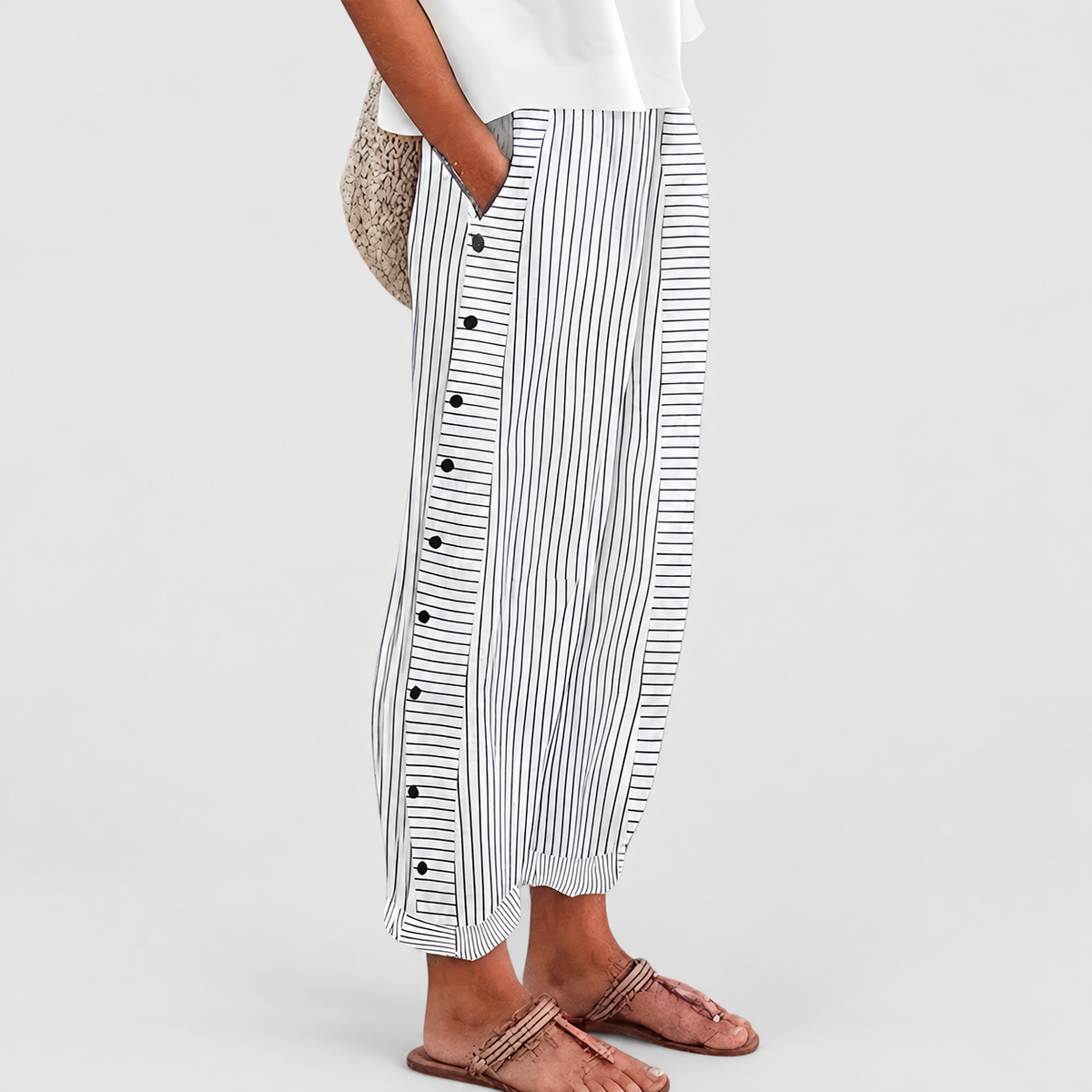 Women's Relaxed Striped Trousers with Button Detail and Side Pockets in Grey — view 3