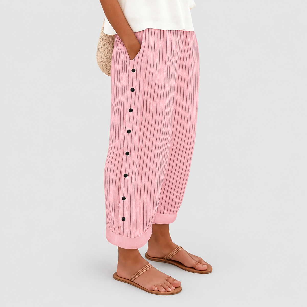 Women's Relaxed Striped Trousers with Button Detail and Side Pockets in Pink — view 4