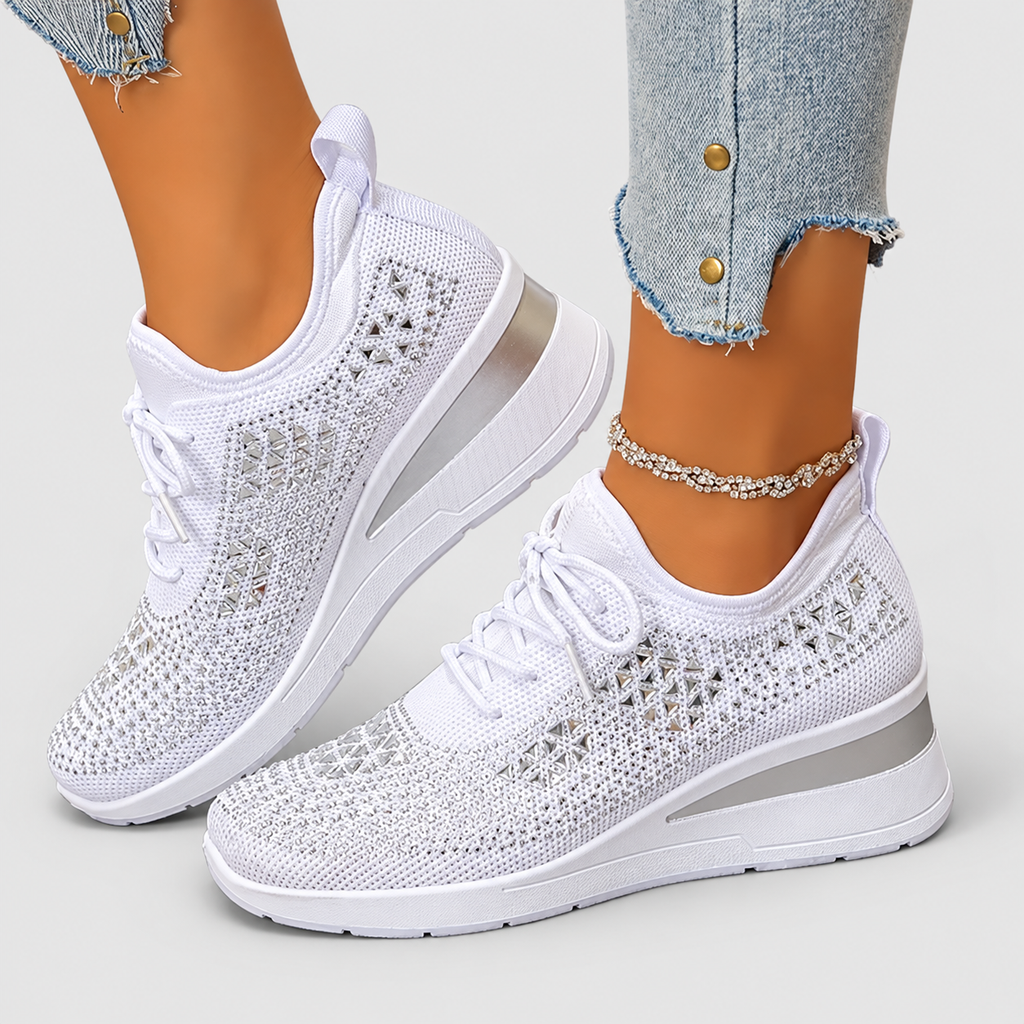 Women's Lace-Up Wedge Trainers with Sparkle Detail in White — view 1