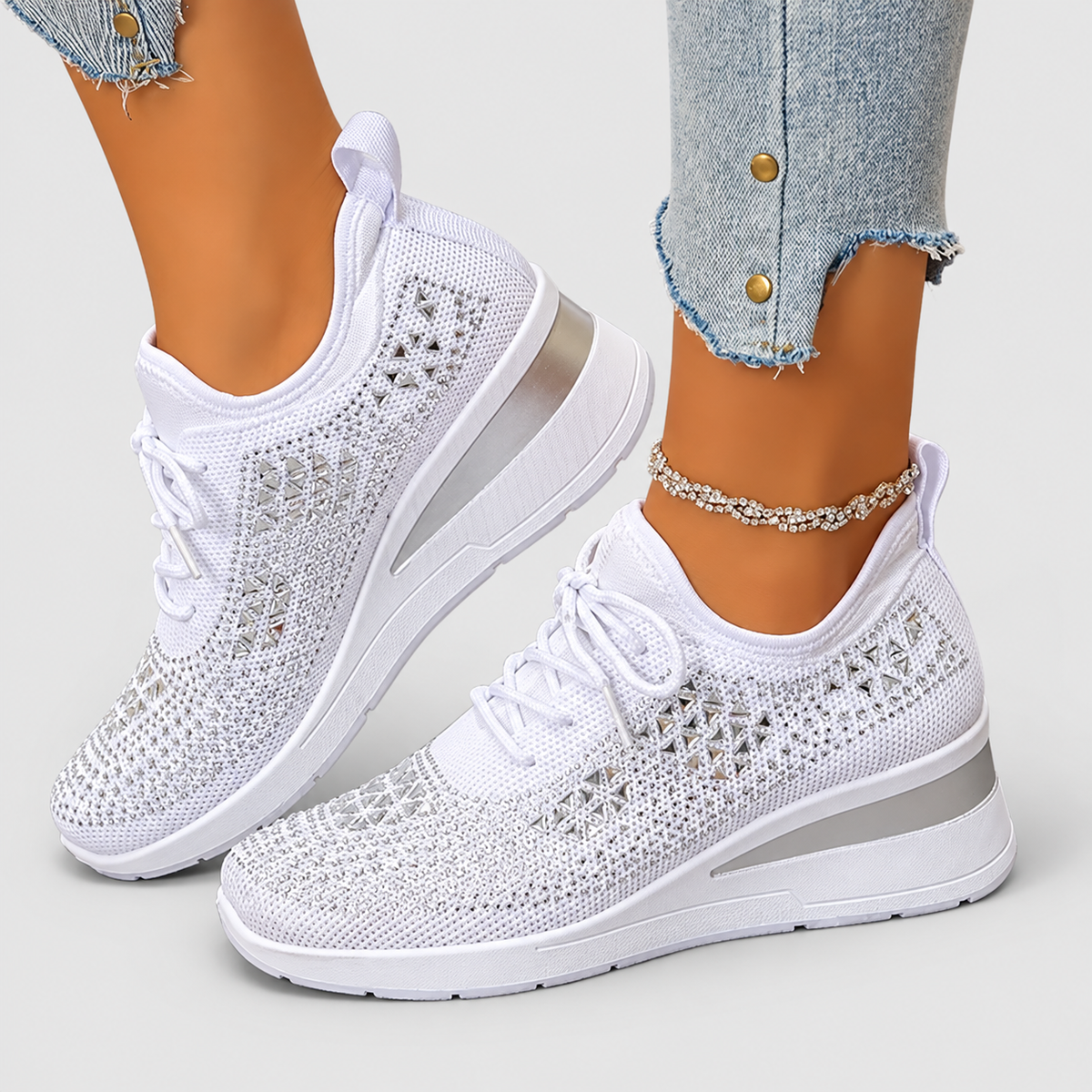 Women's Lace-Up Wedge Trainers with Sparkle Detail in White — view 1