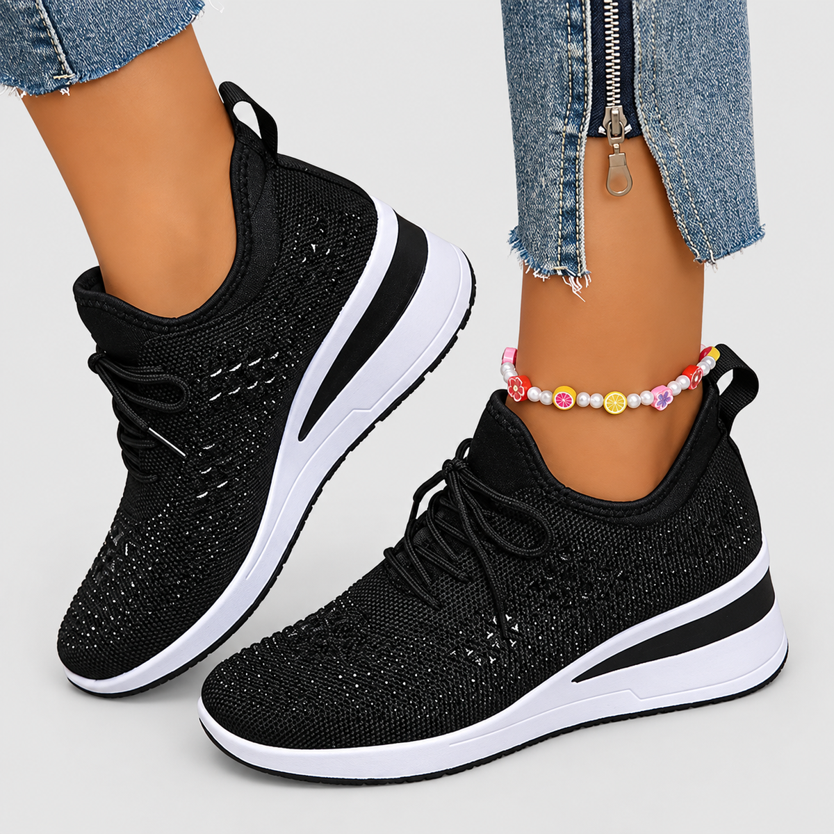 Women's Lace-Up Wedge Trainers with Sparkle Detail in Black — view 2