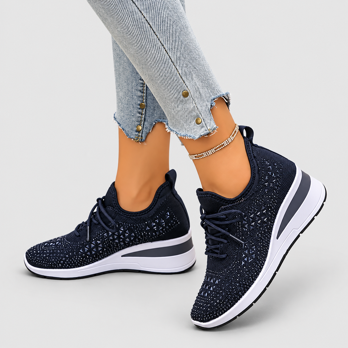Women's Lace-Up Wedge Trainers with Sparkle Detail in Dark Blue — view 3