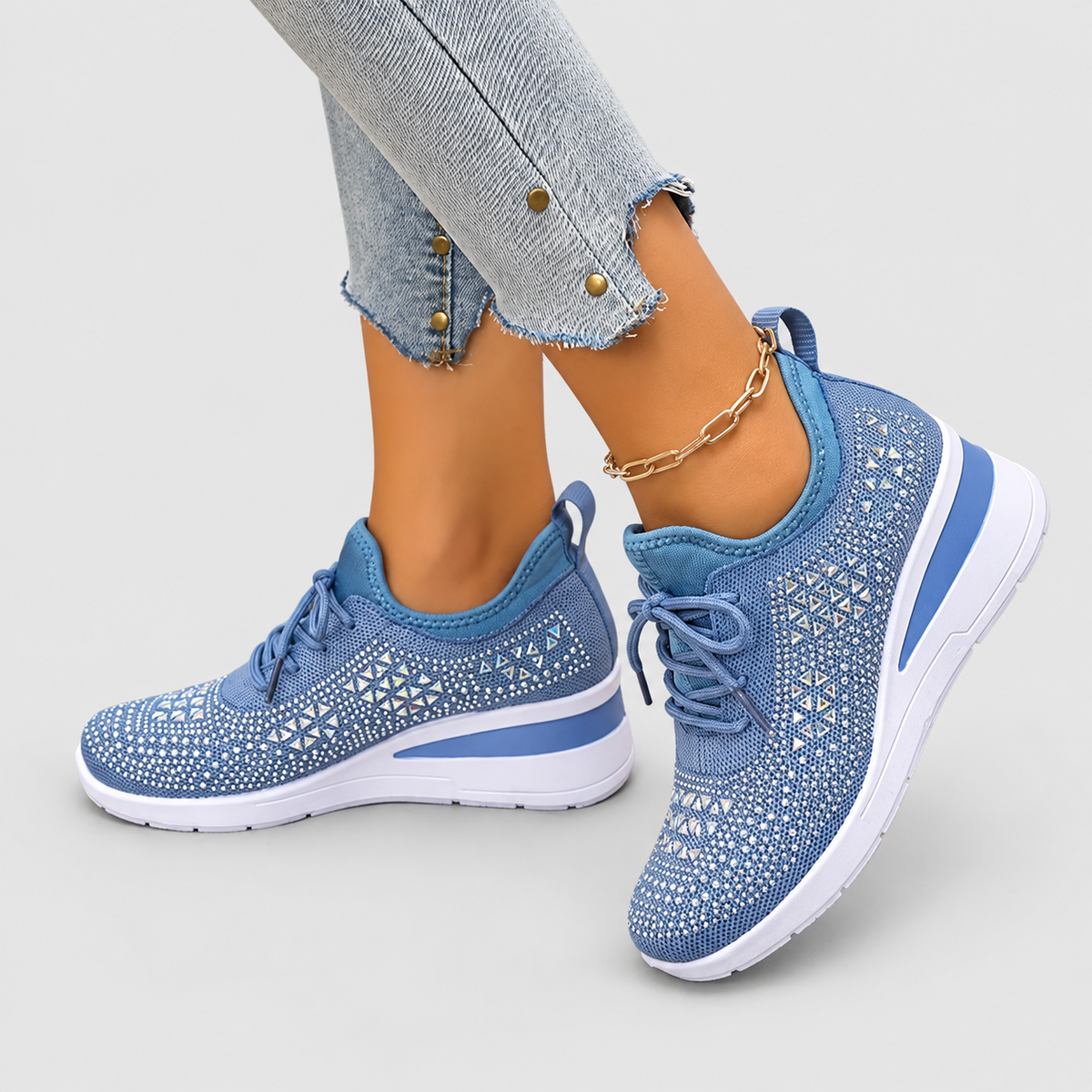 Women's Lace-Up Wedge Trainers with Sparkle Detail in Light Blue — view 4