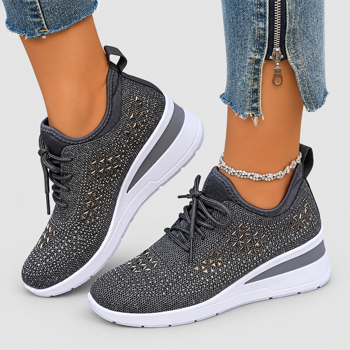 Women's Lace-Up Wedge Trainers with Sparkle Detail in Grey — view 5