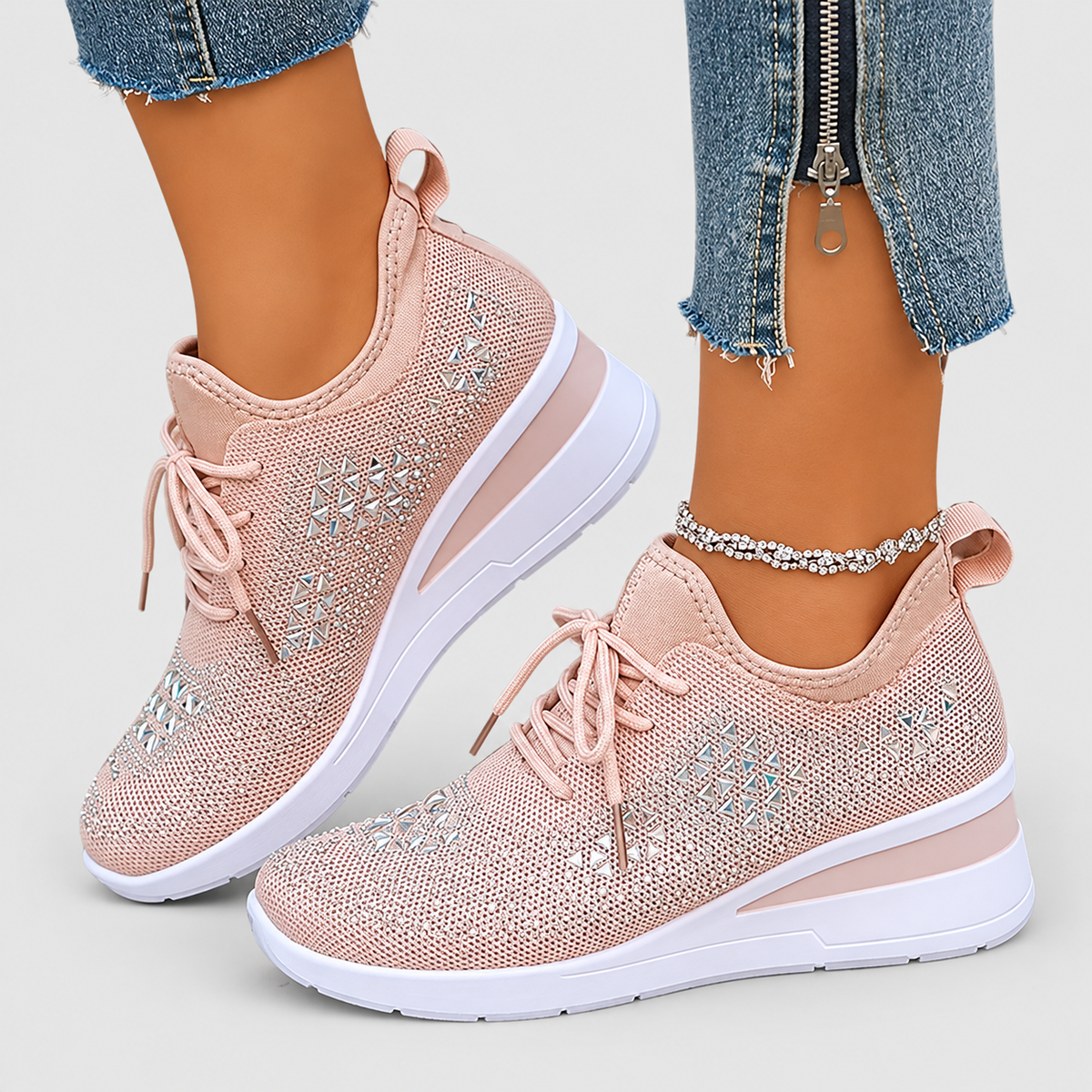 Women's Lace-Up Wedge Trainers with Sparkle Detail in Light Pink — view 6
