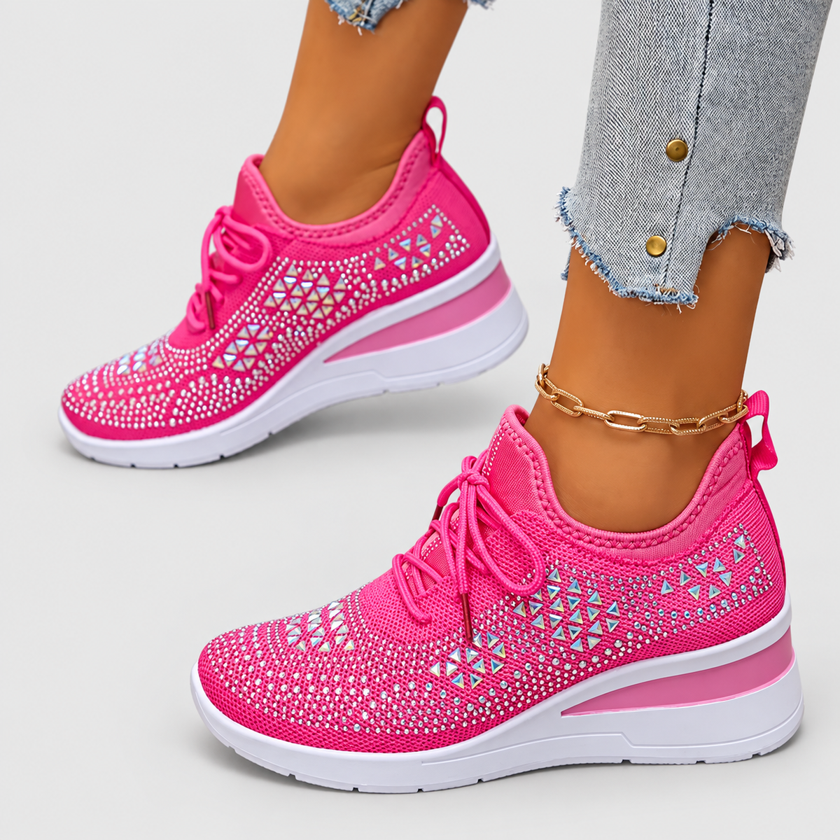 Women's Lace-Up Wedge Trainers with Sparkle Detail in Pink — view 7