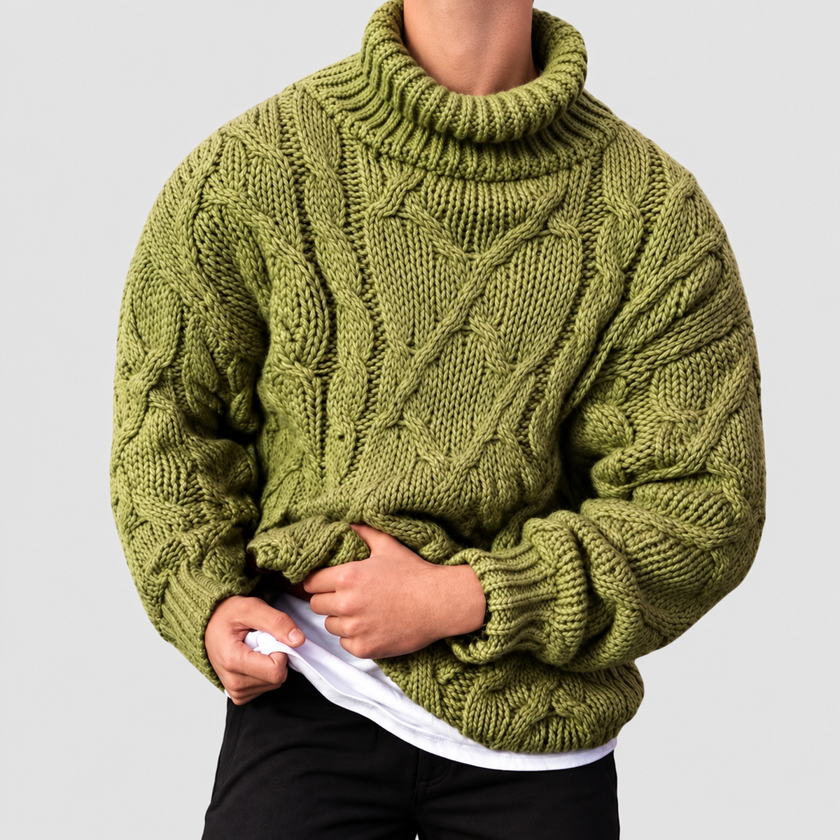 Men's Chunky Cable-Knit Roll-Neck Jumper in Green — view 1