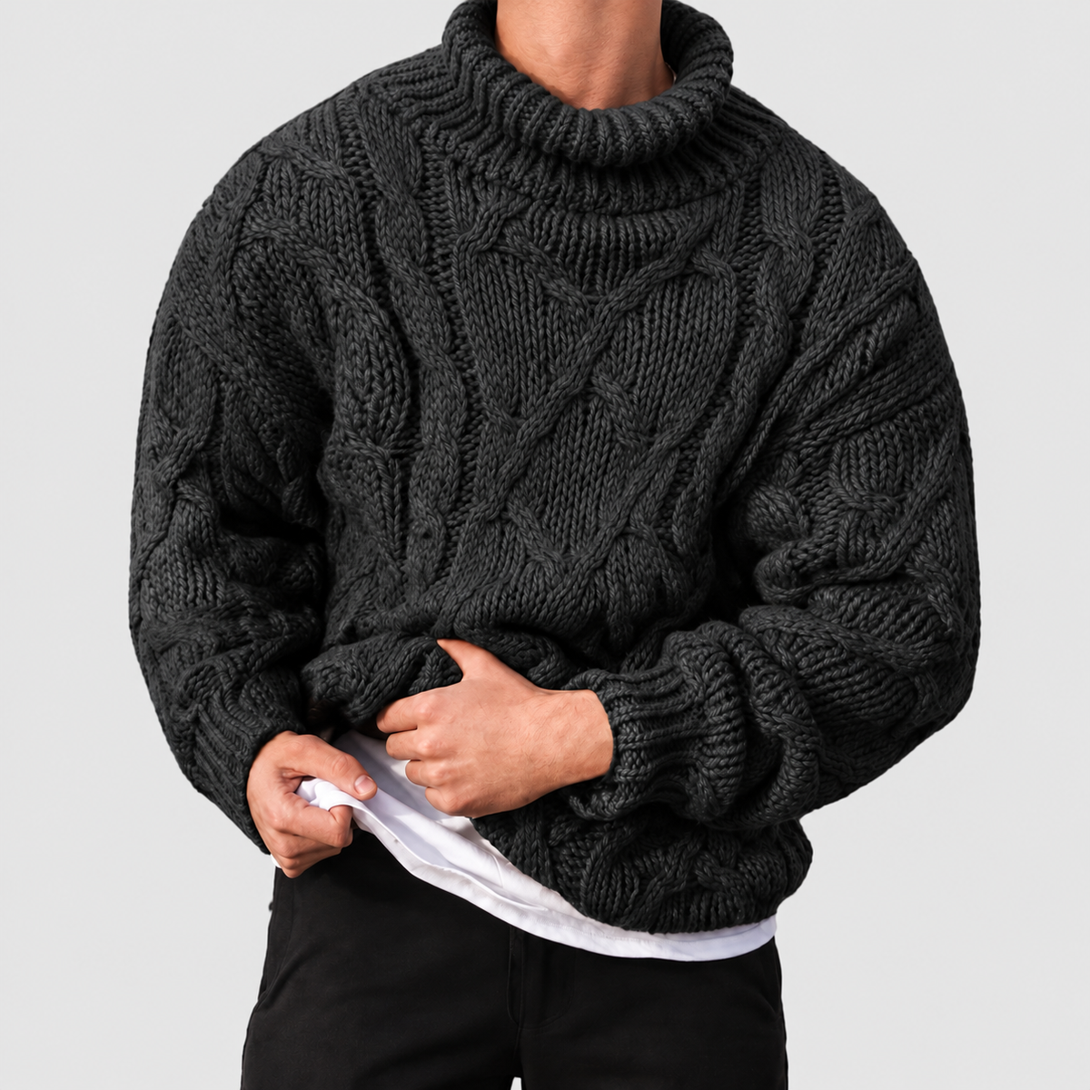 Men's Chunky Cable-Knit Roll-Neck Jumper in Black — view 2