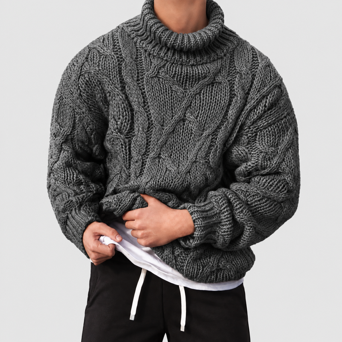 Men's Chunky Cable-Knit Roll-Neck Jumper in Grey — view 3