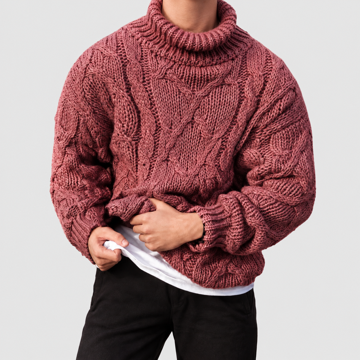 Men's Chunky Cable-Knit Roll-Neck Jumper in Red — view 4