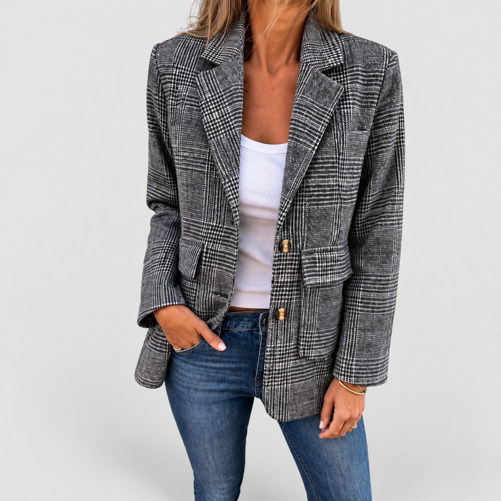 Women's Double-Breasted Check Blazer with Notched Lapels in Black — view 1
