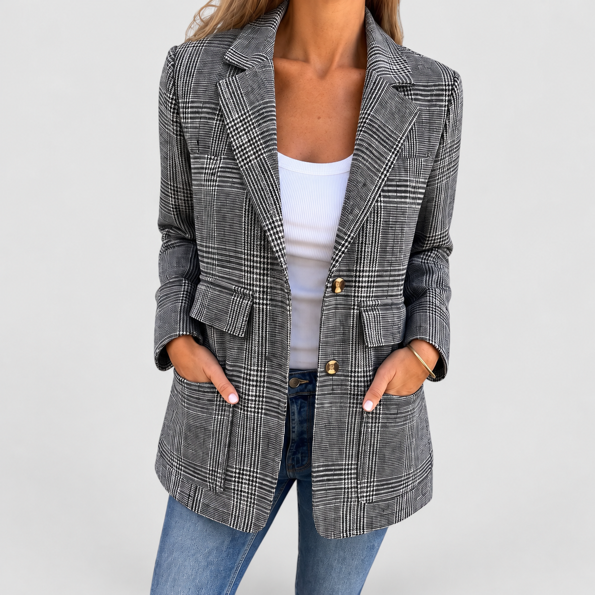 Women's Double-Breasted Check Blazer with Notched Lapels — view 2