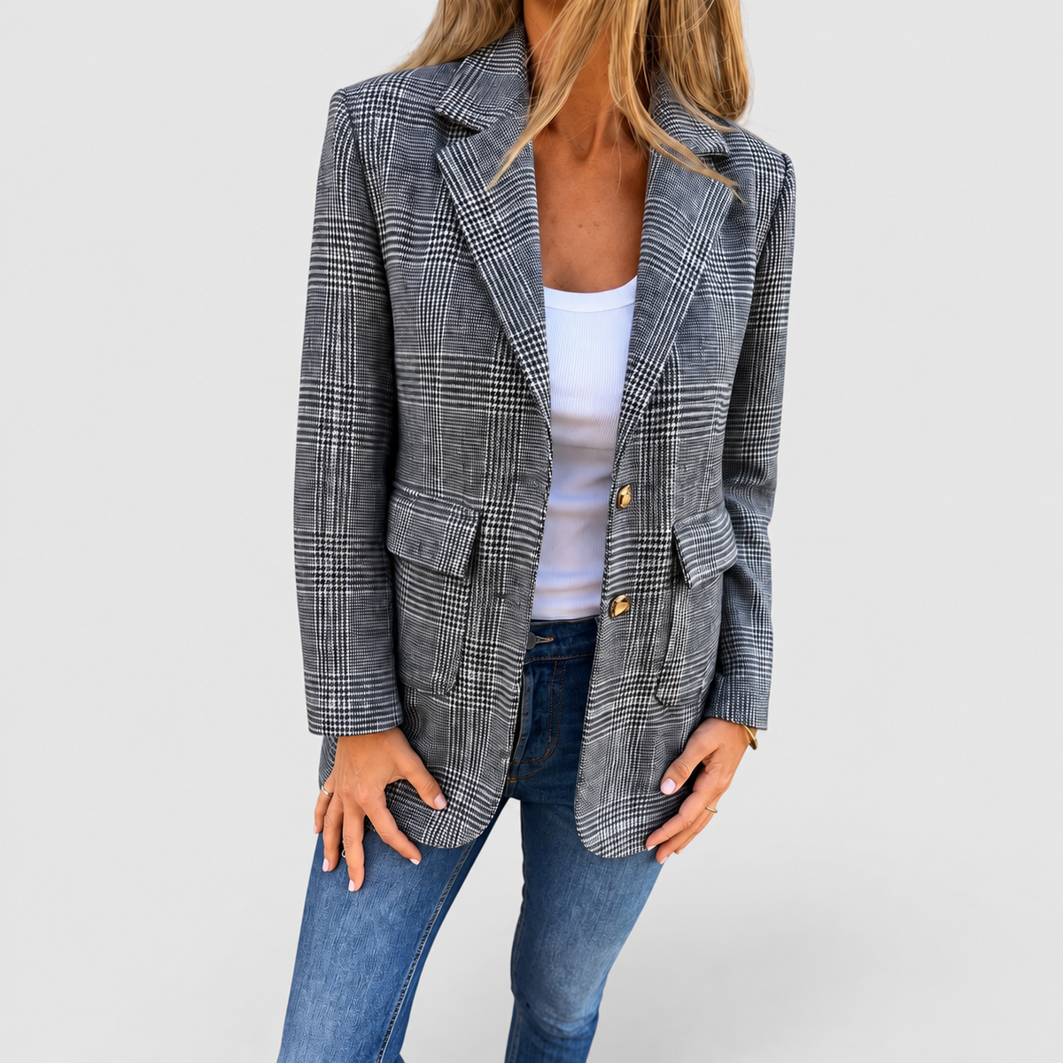 Women's Double-Breasted Check Blazer with Notched Lapels — view 3
