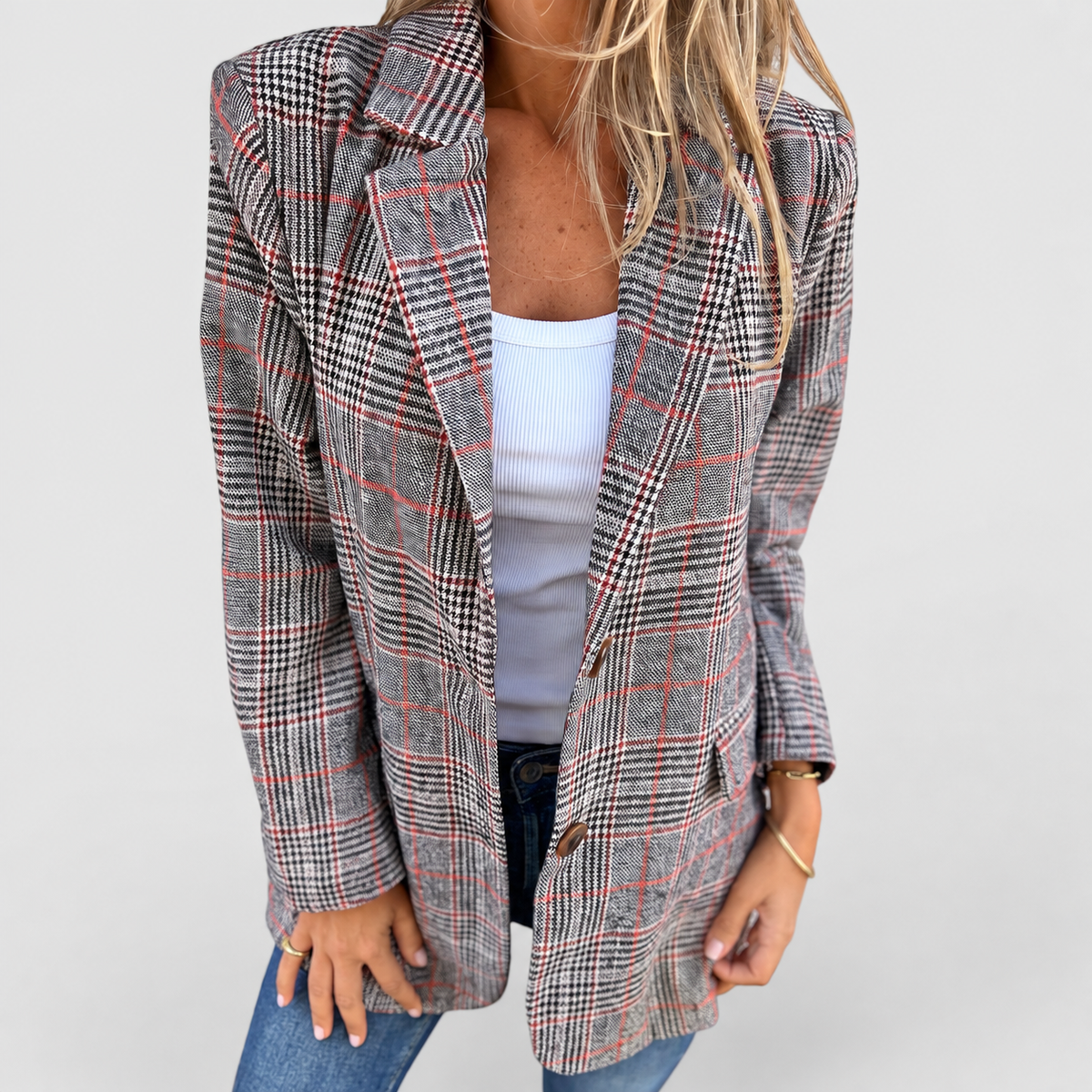 Women's Double-Breasted Check Blazer with Notched Lapels in Brown — view 4