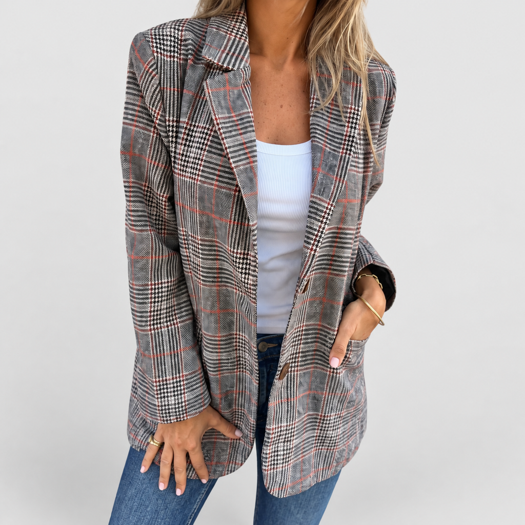 Women's Double-Breasted Check Blazer with Notched Lapels — view 5