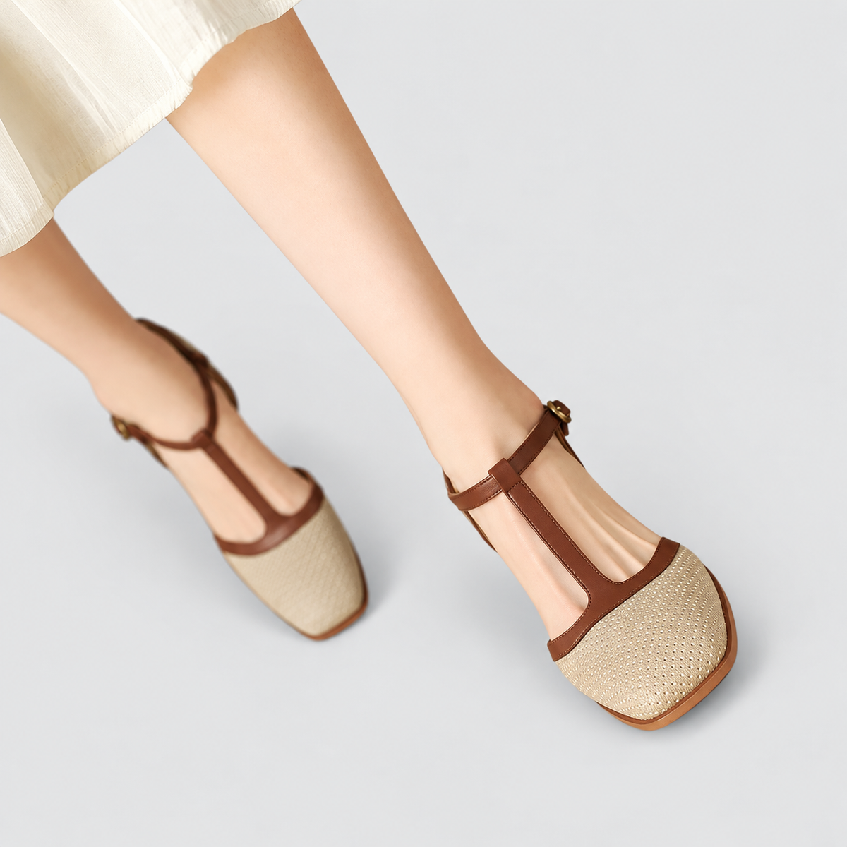 Women's Mid-Heel Classic T-Strap Shoes in Beige — view 6
