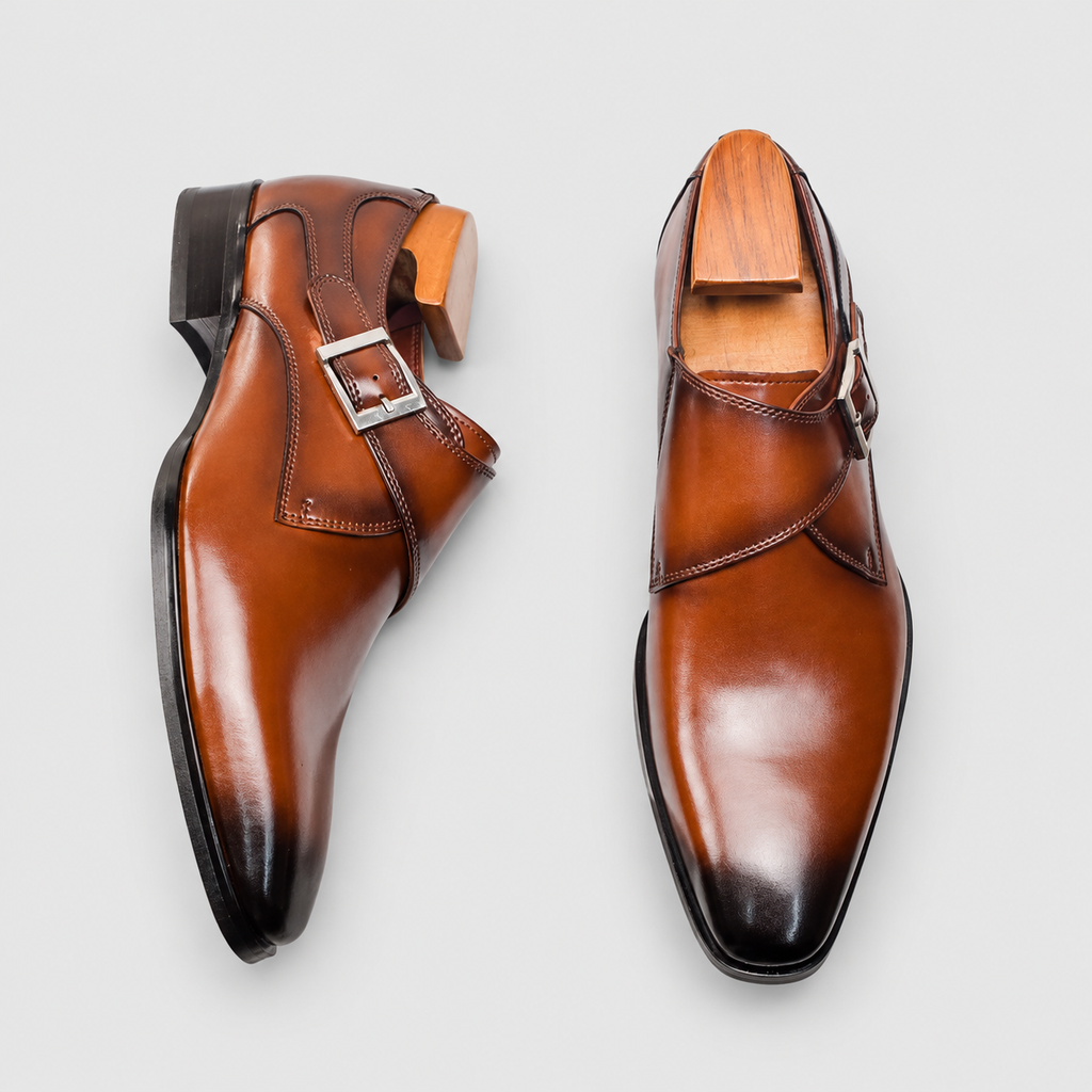 Men's Burnished Single-Buckle Monk-Strap Shoes in Brown — view 6