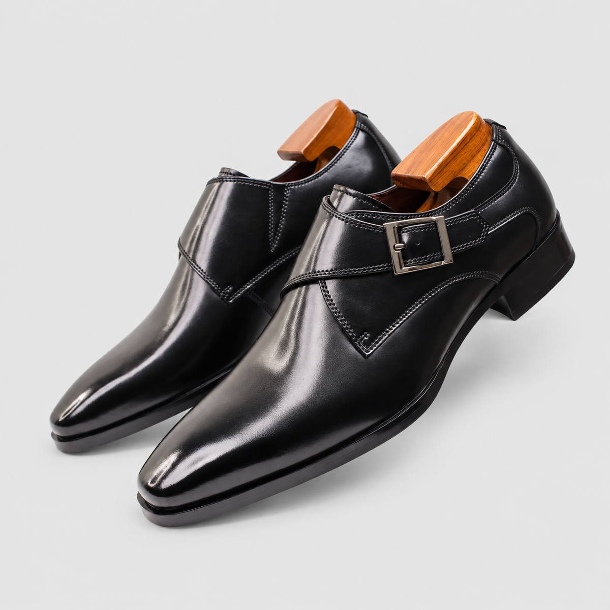 Men's Burnished Single-Buckle Monk-Strap Shoes in Black — view 9