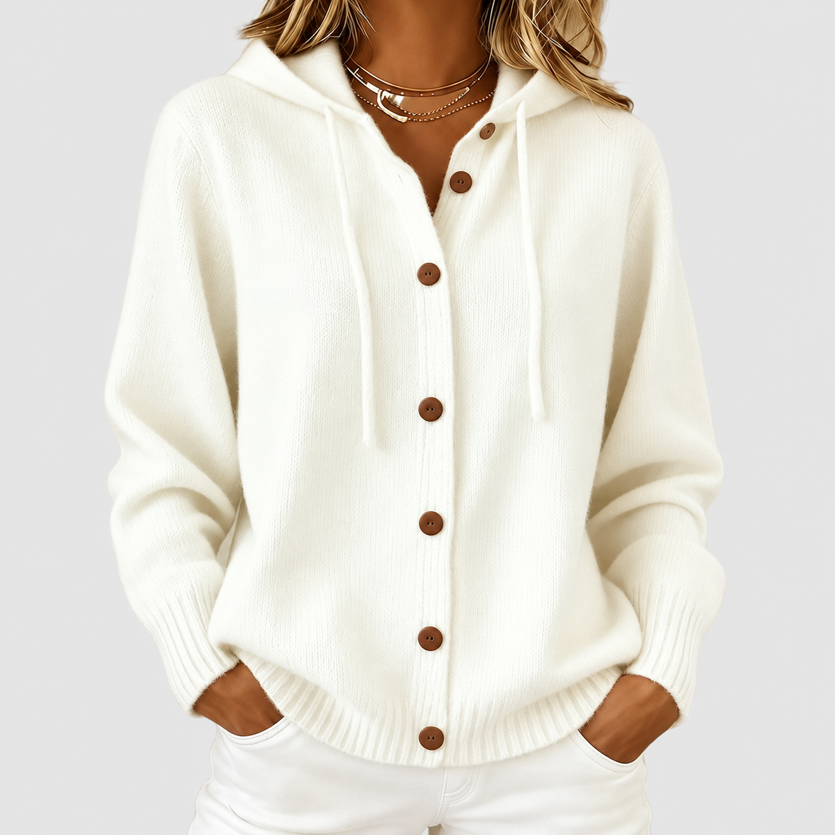 Women's Cashmere-Feel Hooded Knit Cardigan with Drawstring in White — view 2