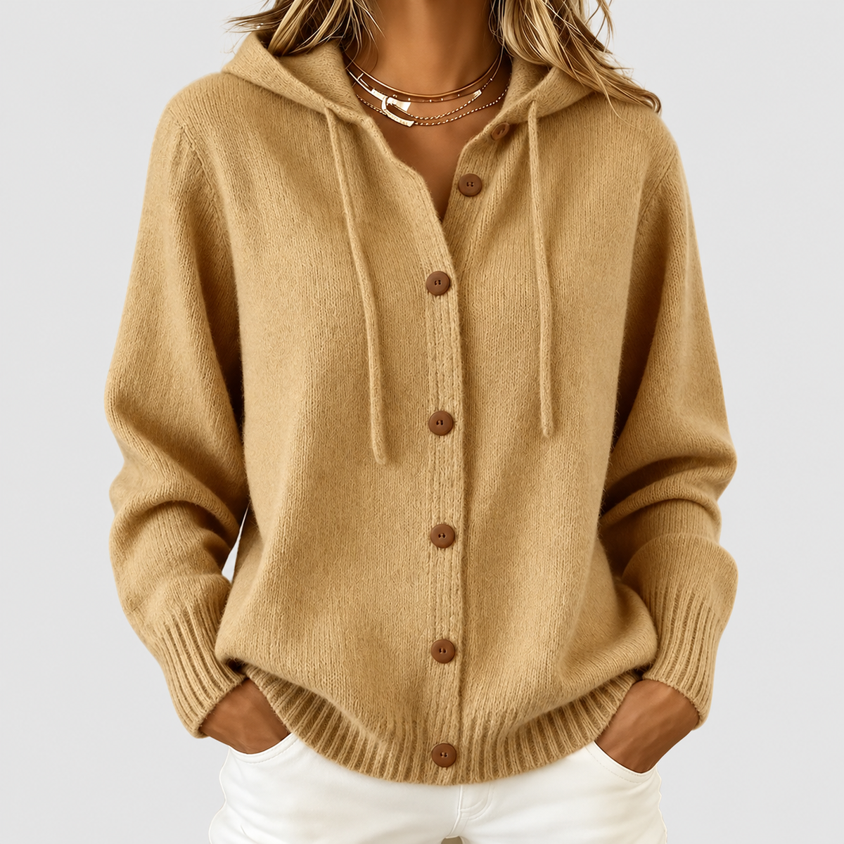 Women's Cashmere-Feel Hooded Knit Cardigan with Drawstring in Khaki — view 3
