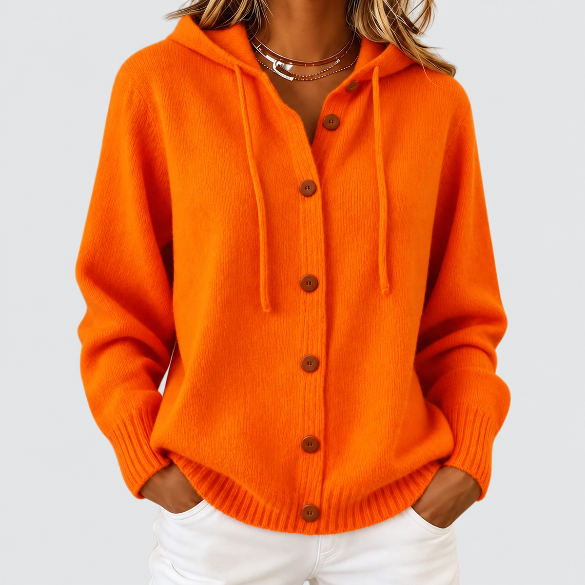 Women's Cashmere-Feel Hooded Knit Cardigan with Drawstring in Orange — view 4
